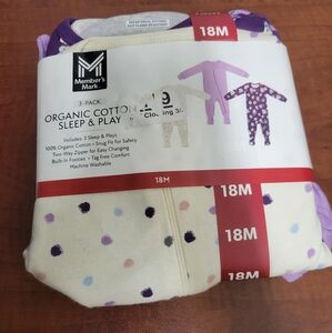 Member's Mark Girls Organic Cotton Sleep & Play 3-Pack 18 Months NWT